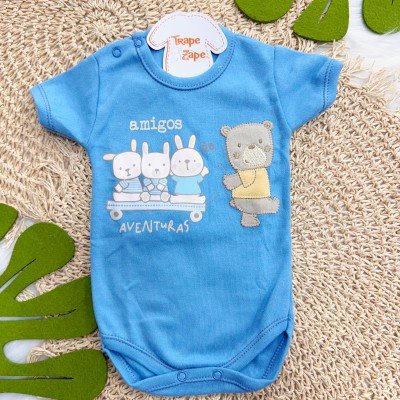 Kit 3 Peças - Bodys Manga Curta Amigos de Aventuras - Azul Jeans, Mescla e Azul Bebê